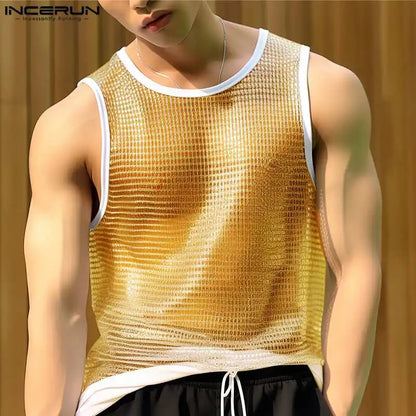 INCERUN Tops 2024 Korean Style New Mens Glitter Micro Perspective Vests Casual Fashion Patchwork Edge Sleeveless Tank Tops S-5XL