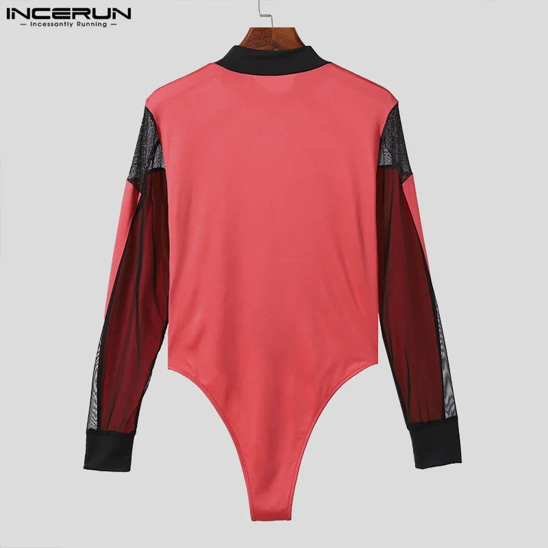 INCERUN 2024 Sexy Style Jumpsuits New Mens Fashion Mesh Large Diamond Patchwork Rompers Casual Thin Long Sleeved Bodysuits S-3XL