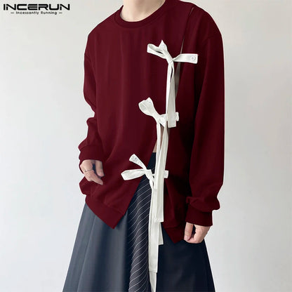 Fashion Well Fitting Tops INCERUN 2024 Men O-neck Bow Ribbon Design Sweater Casual Streetwear Solid Long Sleeved Pullovers S-3XL