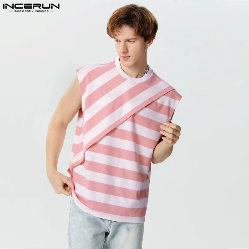 INCERUN Tops 2023 Korean Style Handsome Men's Hot Selling Striped Layered Design Vests Casual Street Male O-neck Tank Tops S-5XL