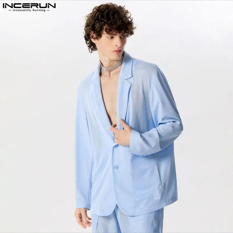 Fashion Well Fitting Tops INCERUN 2024 Men Mesh Hollowed Out Design Suit Coats Casual Streetwear Solid Long Sleeved Blazer S-5XL