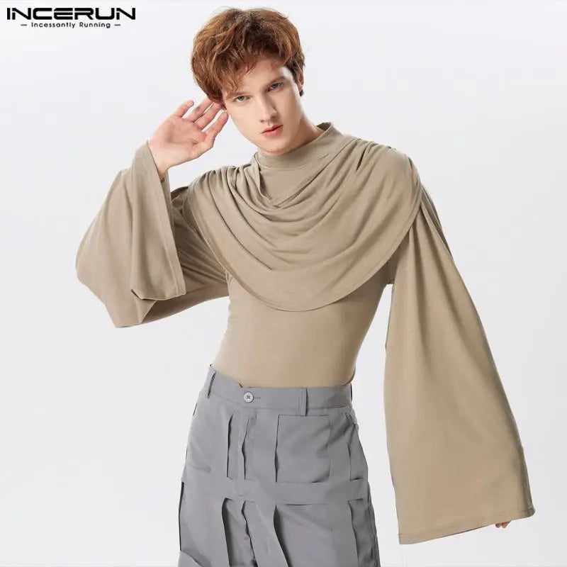 INCERUN Men T Shirt Turtleneck Long Sleeve Pleated Male Irregular Tee Tops Streetwear 2024 Solid Color Casual Fashion Camisetas