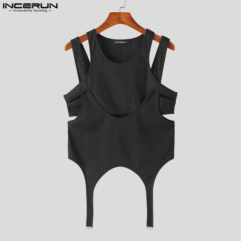 INCERUN Tops 2024 American Style Fashion Men's Irregular Hem Vests Casual Deconstruction Design Solid Sleeveless Tank Tops S-5XL