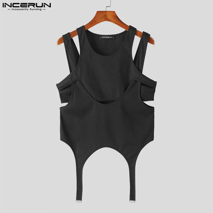 INCERUN Tops 2024 Amerikanischer Stil Mode Herren Unterhemden mit unregelmäßigem Saum Lässiges Dekonstruktionsdesign Einfarbige ärmellose Tanktops S-5XL