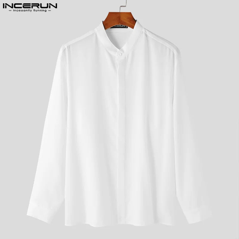 INCERUN Tops 2024 Korean Style Handsome Mens Simple Solid Stand Collar Design Shirts Casual Streetwear Long Sleeved Blouse S-5XL