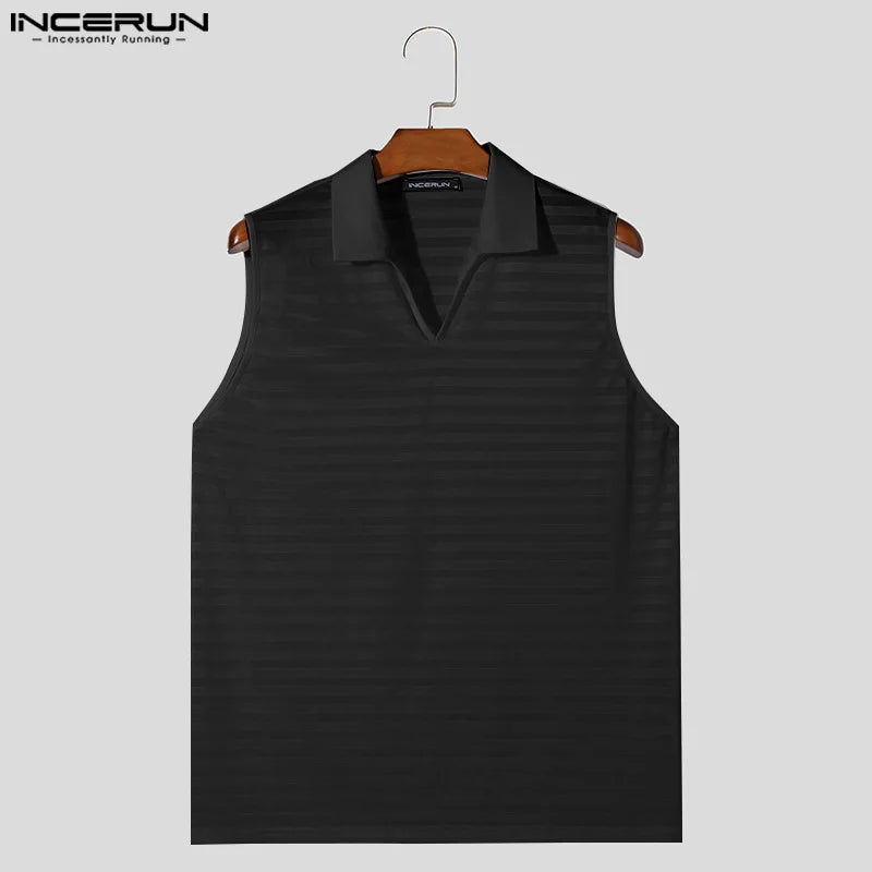 Fashion Well Fitting Tops INCERUN New Mens Striped Slightly Perspective Vests Casual All-match V-neck Sleeveless Tank Tops S-5XL