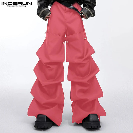 INCERUN 2024 Korean Style Men's Stylish Trousers Casual Clothing Solid Layered Design Pantalons Male Streetwear Long Pants S-5XL