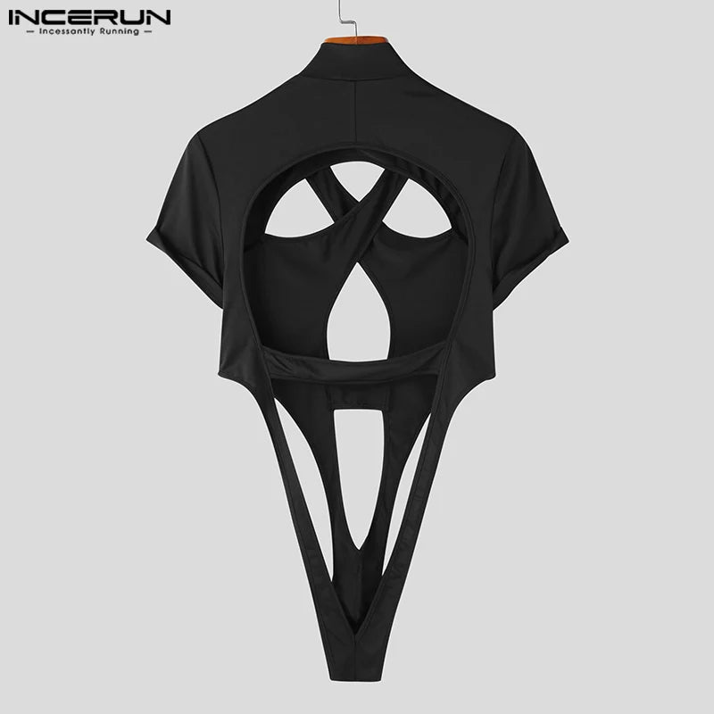 INCERUN 2023 Sexy New Mens Homewear Jumpsuits Symmetric Hollow Design Short Sleeve Half High Neck Solid Triangle Bodysuits S-5XL