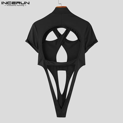 INCERUN 2023 Sexy New Mens Homewear Jumpsuits Symmetric Hollow Design Short Sleeve Half High Neck Solid Triangle Bodysuits S-5XL