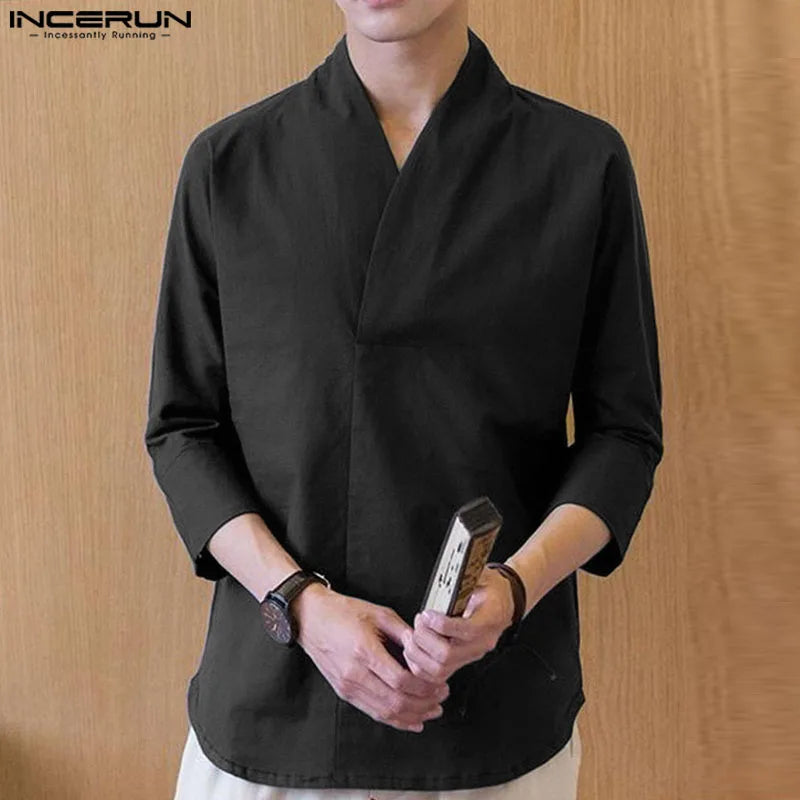 INCERUN Tops 2024 Korean Style Men's Solid Color Ethnic Style Shirts Casual Simple Male Well Fitting Short Sleeved Blouse S-5XL