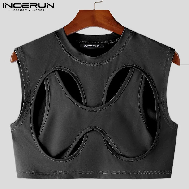 Hauts de style boîte de nuit de fête INCERUN nouveaux hommes creux superposés courts débardeurs décontractés streetwear mâle solide vente chaude gilets S-5XL