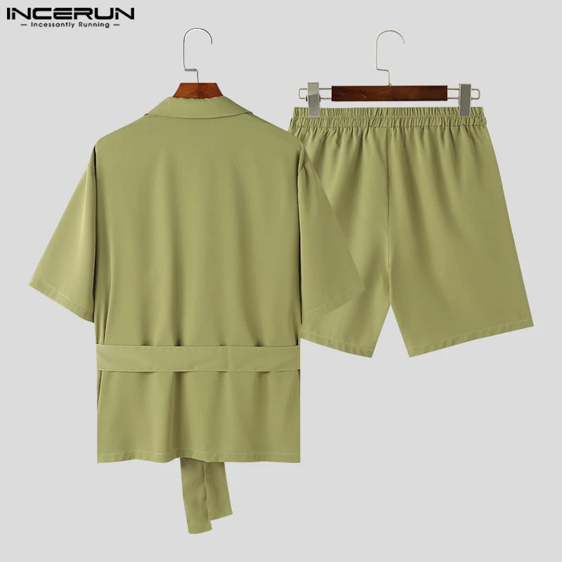 INCERUN 2024 Ensembles de Style Coréen Élégant Nouveaux Hommes Dentelle À Manches Courtes Costume Shorts Décontracté Bien Ajusté Homme Solide Costume 2 Pièces S-5XL