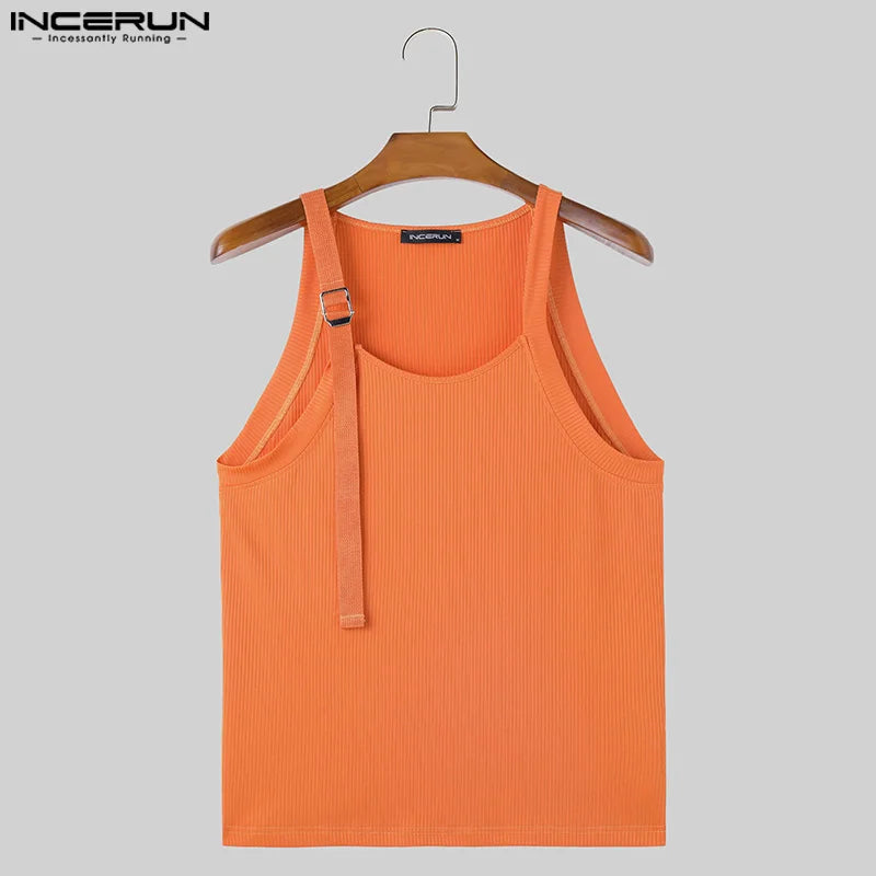 INCERUN Tops 2024 Korean Style Men's Knitted Shoulder Strap Design Vests Summer Streetwear Male Sleeveless Solid Tank Tops S-5XL