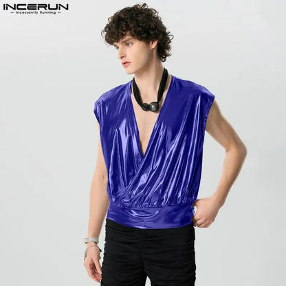 INCERUN Tops 2024 American Style Fashion New Men V-neck Flash Fabric T-shirts Casual Loose Comfortable Sleeveless Camiseta S-5XL