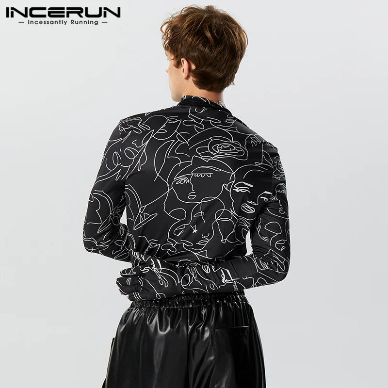 Fashion Personality New Men Tops INCERUN Art Abstract Face Pattern T-shirts Casual Streetwear Thimble Long Sleeve Camiseta S-3XL