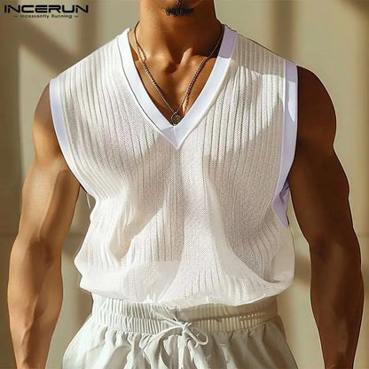 Fashion Casual Style Tops INCERUN New Men V-neck Striped Slightly Transparent Vests Summer Male Loose Sleeveless Tank Tops S-5XL