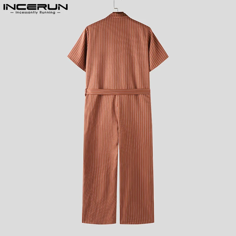 INCERUN 2024 American Style Stylish Men Suit Collar Design Rompers Summer Leisure Solid Striped Tie Short Sleeved Jumpsuit S-5XL