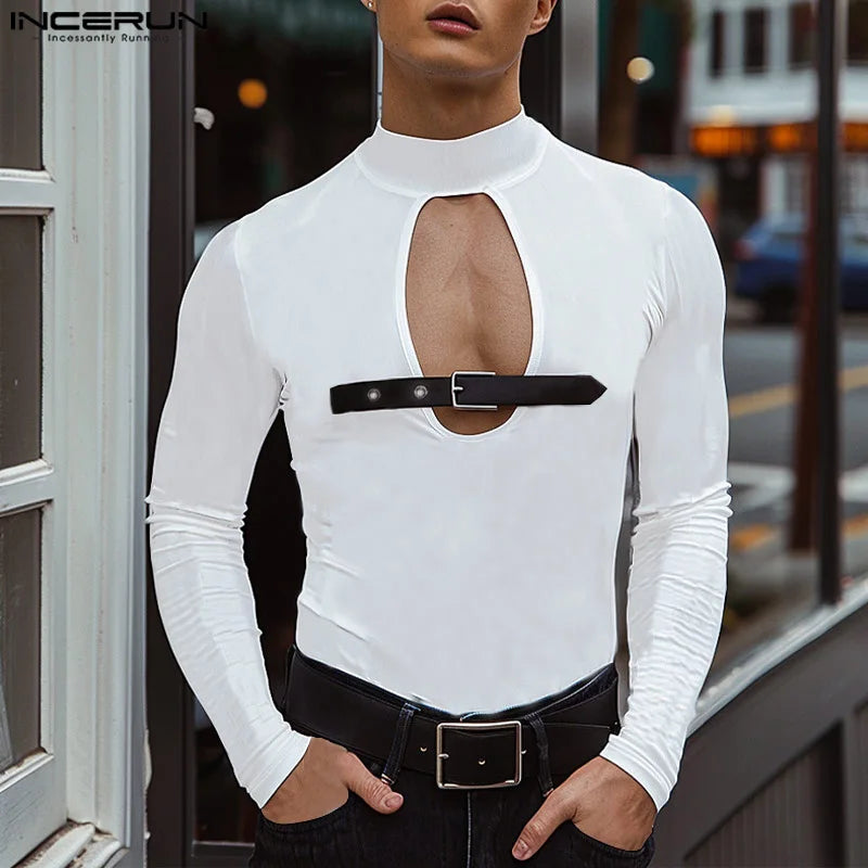 INCERUN Tops 2024 Sexy Men Leather Buckle Loop Hollow Knitted T-shirts Fashion Male Semi High Neck Solid Long Sleeved Tees S-5XL