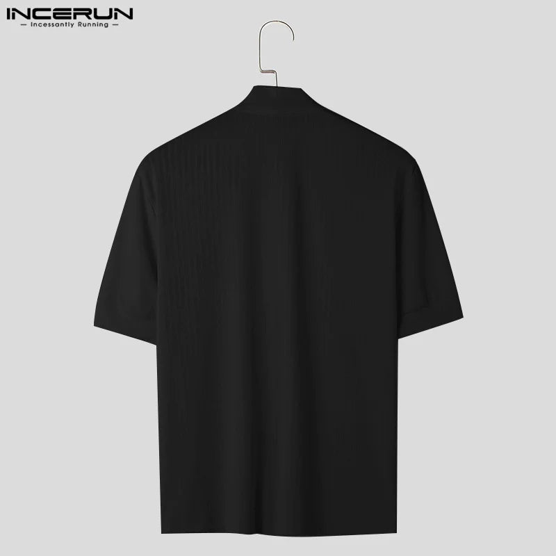 INCERUN Tops 2024 Korean Style New Mens Simple Striped V-neck Short Sleeved T-shirts Casual Streetwear Male Solid Camiseta S-5XL