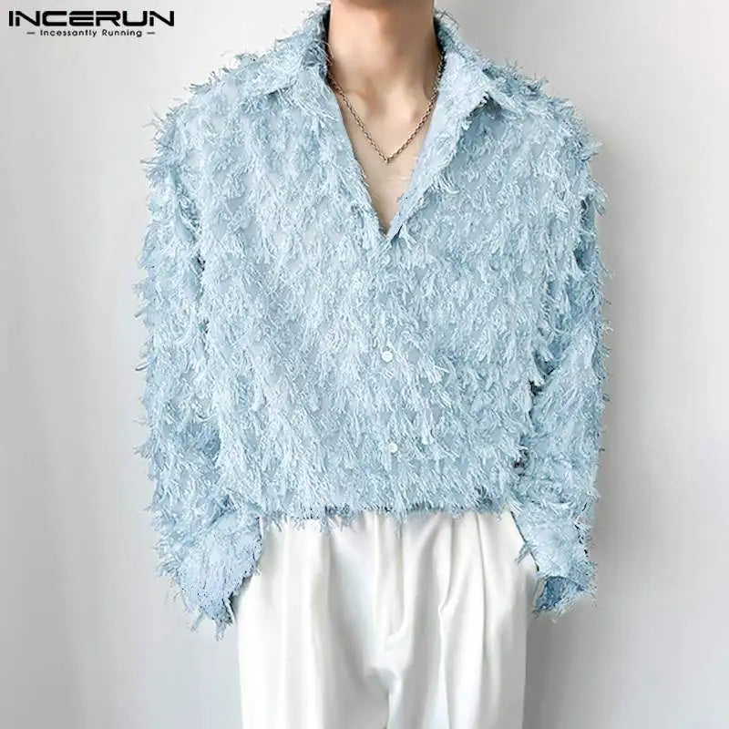 INCERUN Tops 2024 Korean Style New Mens Loose Tassel Perspective Design Shirts Casual Fashionable Male Long Sleeved Blouse S-5XL