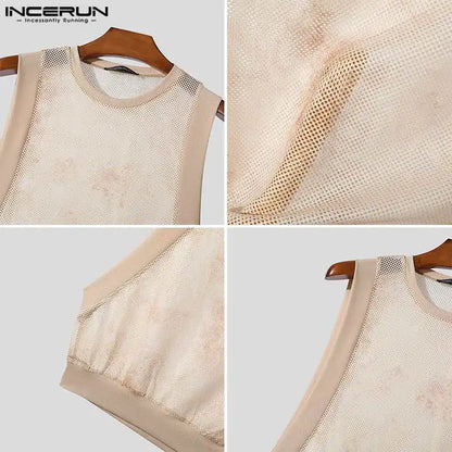 INCERUN Tops 2024 Style américain élégant hommes col rond cravate teint sans manches gilets décontracté bien ajusté mâle vente chaude débardeurs S-5XL