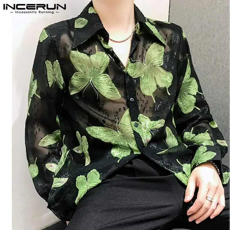 INCERUN Tops 2024 Korean Style Fashion Men's Funny Printed Pattern Shirt Casual Streetwear Perspective Long Sleeved Blouse S-5XL