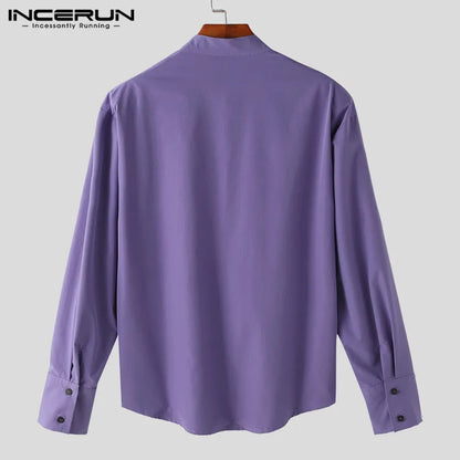 INCERUN Tops 2024 Korean Style New Men's Solid Bow Tie Design Blouse Casual Fashion Male Shoulder Pad Long Sleeved Shirts S-5XL