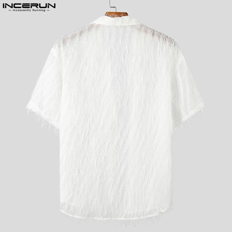 INCERUN Tops 2024 American Style Men's Tassel Chiffon Perspective Shirts Casual Vacation Summer Short Sleeved Lapel Shirts S-5XL