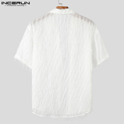 INCERUN Tops 2024 Chemises de perspective en mousseline de soie à pompons de style américain pour hommes Chemises décontractées à manches courtes pour vacances d'été à revers S-5XL