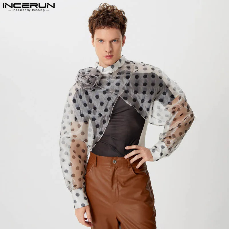 Fashion Sexy Style Tops INCERUN Men Chiffon Polka Dot Cropped Cross T-shirts Casual Streetwear Male Thin Long Sleeved Tees S-5XL