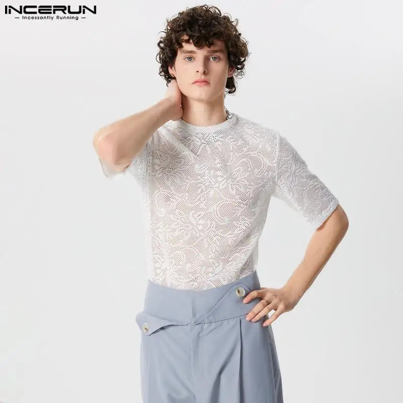 INCERUN Tops 2024 American Style Fashion New Men's Lace Jacquard Design T-shirts Casual Male O-neck Short Sleeved Camiseta S-5XL