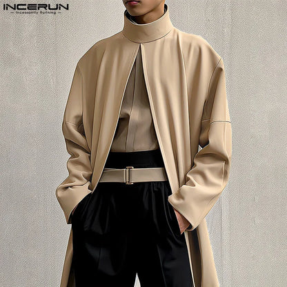 INCERUN 2024 Men Cloak Coats Solid Color Turtleneck Long Sleeve Casual Trench Loose Open Stitch Streetwear Fashion Male Ponchos