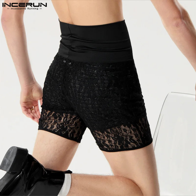 INCERUN 2024 Sexy Hommes Homewear Dentelle Perspective Vêtements De Nuit Décontracté À La Mode Mâle Mince Confortable Épissé Élastique Shorts S-5XL