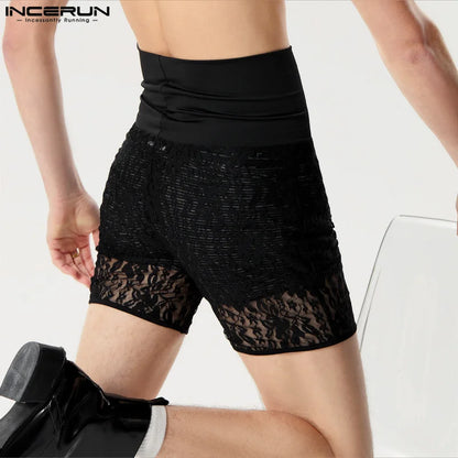 INCERUN 2024 Sexy Mens Homewear Lace Perspective Sleepwear Casual Fashionable Male Thin Comfortable Spliced Elastic Shorts S-5XL