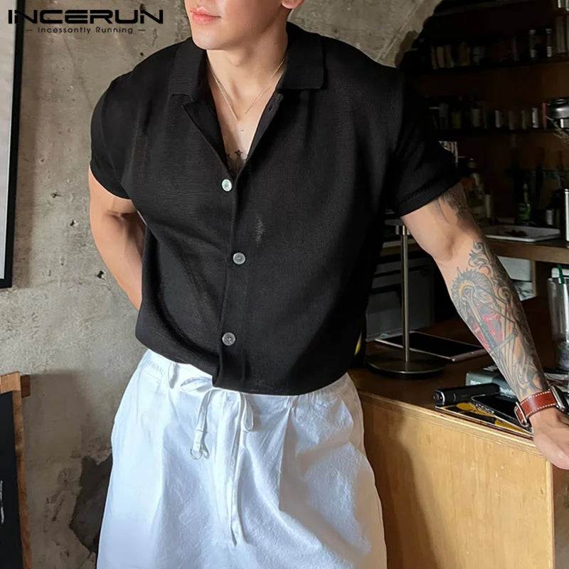 INCERUN Männer Hemd Einfarbig 2023 Revers Kurzarm Koreanischen Stil Männer Kleidung Streetwear Sommer Gestrickte Casual Shirts S-5XL