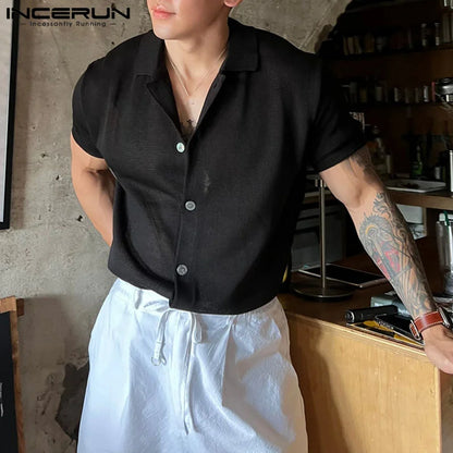 INCERUN Men Shirt Solid Color 2023 Lapel Short Sleeve Korean Style Men Clothing Streetwear Summer Knitted Casual Shirts S-5XL