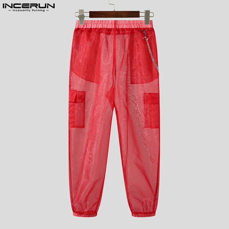 INCERUN 2023 American Style Trousers Mens Party Shows Hot Sale Long Pants Sexy Solid Color See-through Mesh Thin Pantalons S-5XL