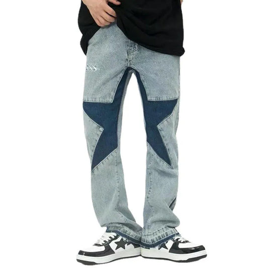 HOUZHOU Y2K Star Jeans Men Patchwork Denim Trousers Male Loose Casual Pants Korean Japanese Streetwear Hip Hop men clothing