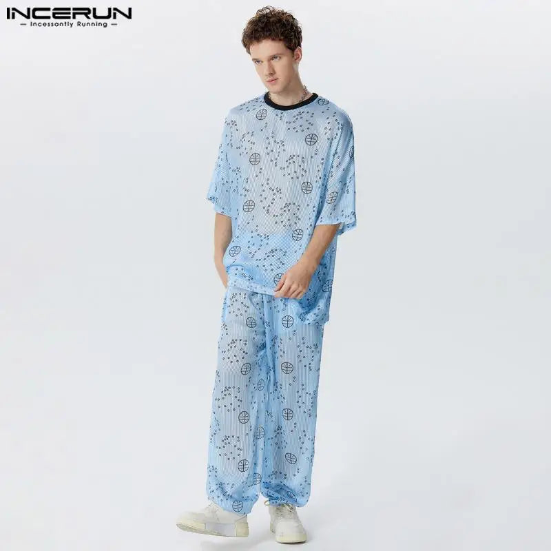 INCERUN Men Clothing Fashion Men's Sets Print Seven Quarter Sleeves Sets 2PCS Transparent T-shirts Long Pants Male Suits