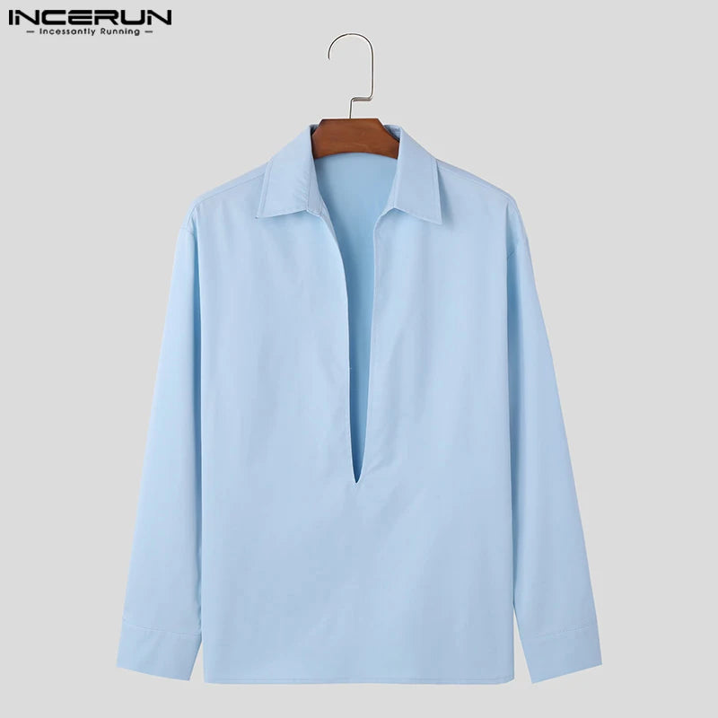 INCERUN Tops 2024 Korean Style Men Personality Large V-neck Shoulder Pad Design Shirts Solid All-match Long Sleeved Blouse S-5XL