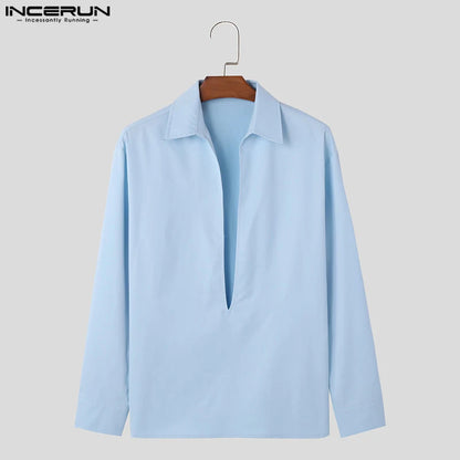 INCERUN Tops 2024 Style coréen Hommes Personnalité Grand Col en V Épaulette Conception Chemises Solide Tout-match Chemisier À Manches Longues S-5XL