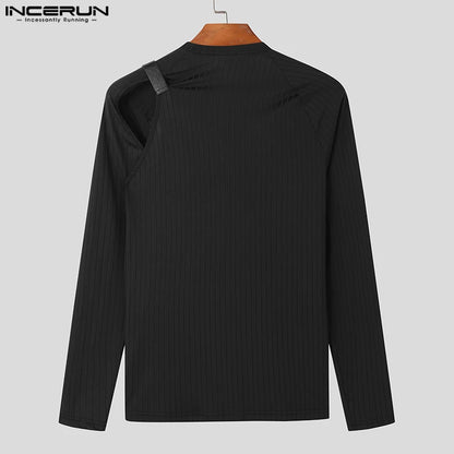 INCERUN Tops 2023 Korean Style Men's Fashion Metal Buckle Design T-shirts Casual Male Hollow O-neck Long Sleeved Camiseta S-5XL