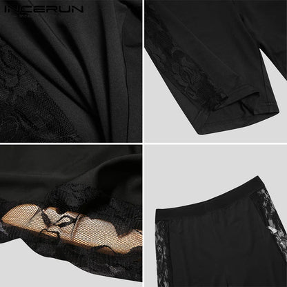 Summer Men's Sleep Shorts Lace Mesh Patchwork See Through Cozy Sexy Shorts Homewear 2024 Male Thin Sleep Bottoms INCERUN S-5XL