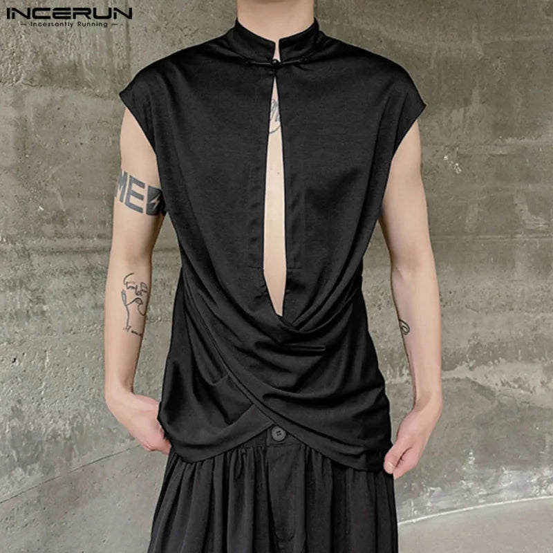 INCERUN Tops 2024 Korean Style Casual Men Stand Neck Buckle Cross Hollow Vests Summer Solid All-match Sleeveless Tank Tops S-5XL