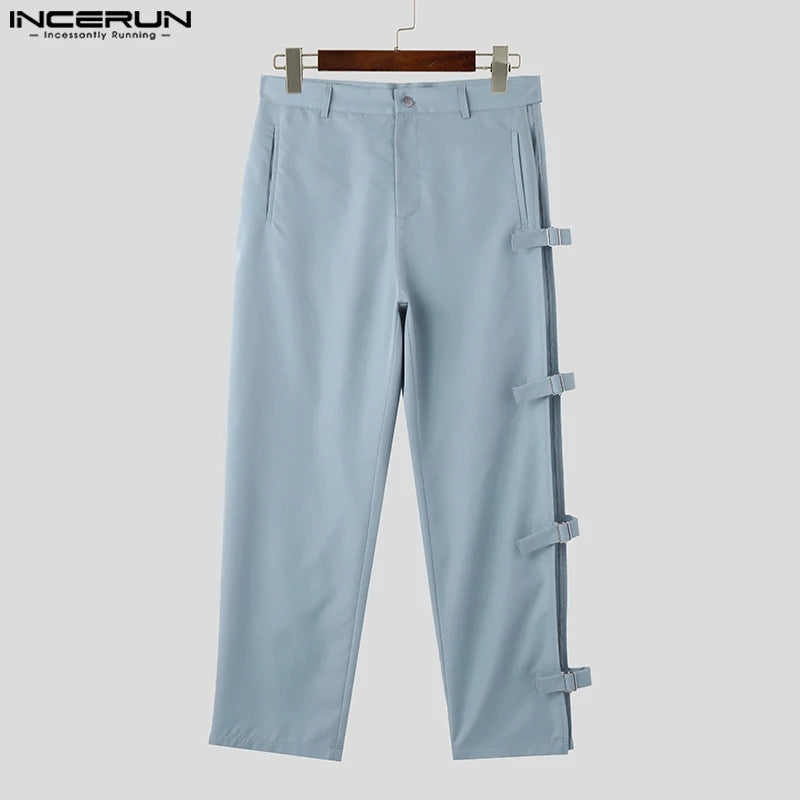 INCERUN 2024 American Style Men's Pantalons Casual Side Buckle Design Hollow Pants Leisure Streetwear Hot Selling Trousers S-5XL