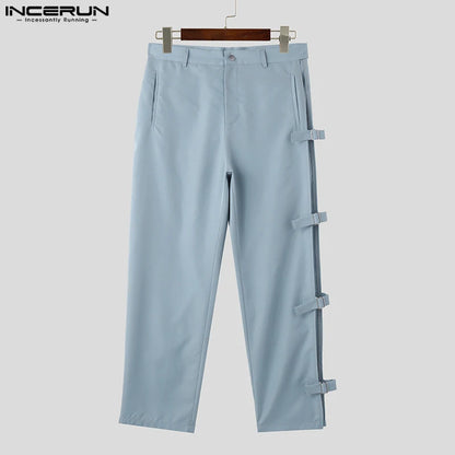 INCERUN 2024 American Style Men's Pantalons Casual Side Buckle Design Hollow Pants Leisure Streetwear Hot Selling Trousers S-5XL