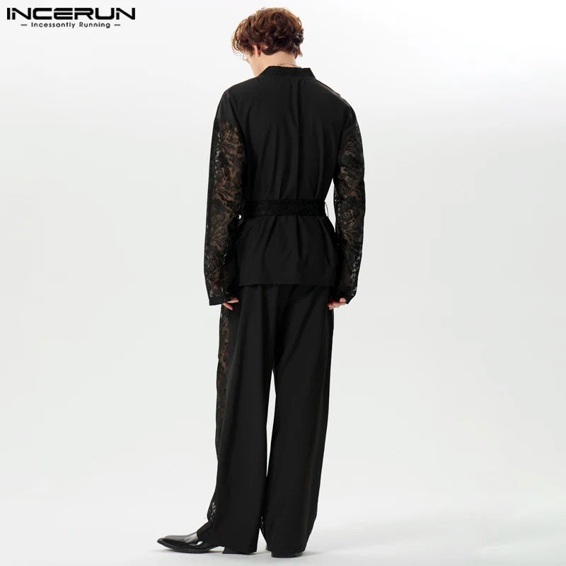 INCERUN 2024 Ensembles sexy pour hommes de style américain Cardigan à manches longues Pantalon long Costume élégant pour homme à bretelles en dentelle 2 pièces S-5XL