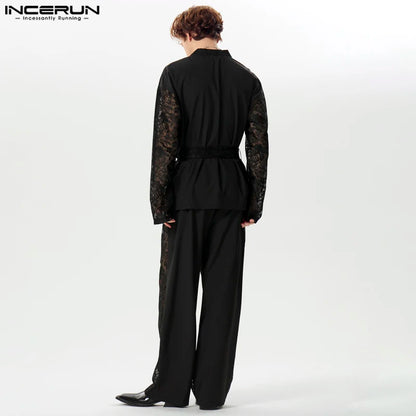 INCERUN 2024 Sexy Herren-Sets im amerikanischen Stil, langärmelige Strickjacke, lange Hose, stilvoller Herrenanzug mit Spitzenriemen-Design, 2-teilig, S-5XL