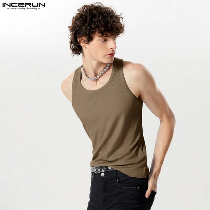 INCERUN Tops 2024 American Style Mens Back Cross Strap Design Vests Casual Streetwear Solid Well Fitting Knitted Tank Tops S-5XL