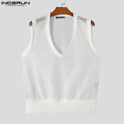 Summer Fashion Tops INCERUN Men's Hollowed Mesh V-neck Sleeveless Vests Male Sexy Casual Streetwear Hot Selling Tank Tops S-5XL